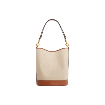 CELINE Fabric With Calfskin Hand Bucket Bag, Shoulder Bag Women's Natural & Tan