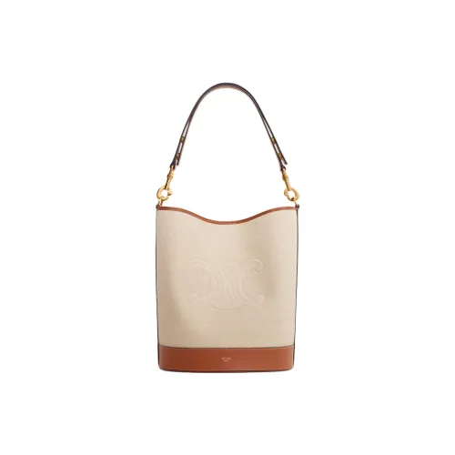 CELINE Fabric With Calfskin Hand Bucket Bag, Shoulder Bag Women's Natural & Tan
