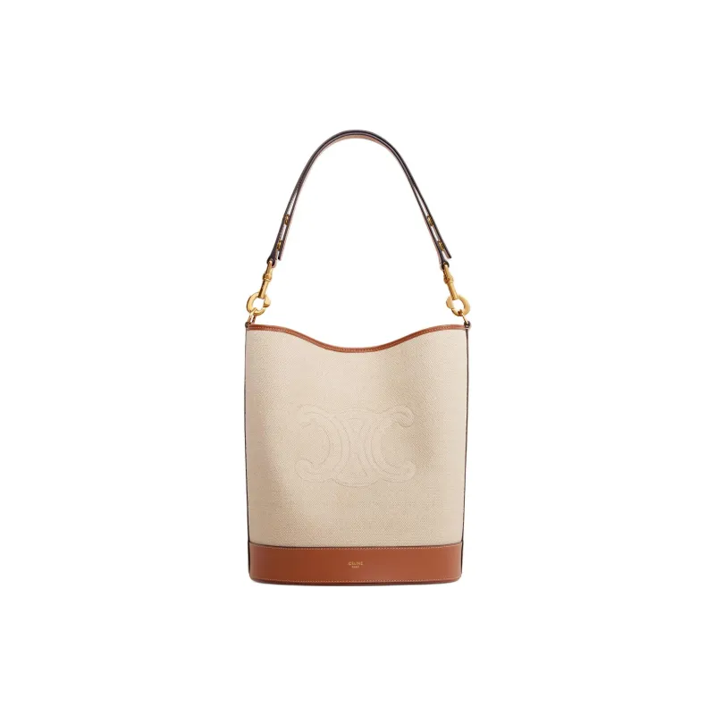 CELINE Fabric With Calfskin Hand Bucket Bag, Shoulder Bag Women's Natural & Tan-0