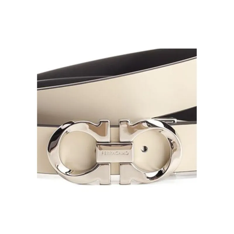 FERRAGAMO Double-Sided Adjustable Gancini Design Calfskin Leather Belts Men's Beige --1