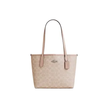 COACH City Coated Canvas With Leather Tote Bag, Shopping Bag, Shoulder Bag, Handbag Medium Size Women's Silver & Sand