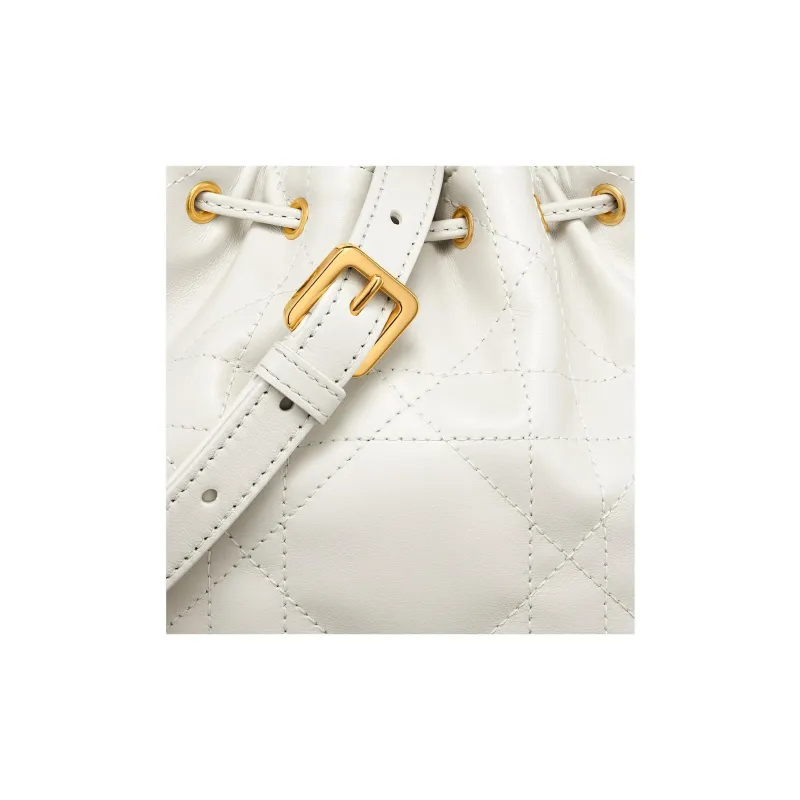 DIOR Wicker Pattern Calfskin Bucket Bags Shoulder Bag Crossbody Bag Handbag Small Size Women's White-5