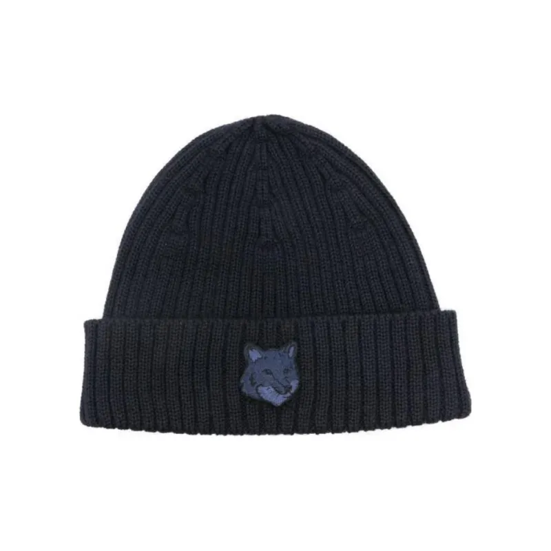 Maison Kitsune Bold Fox Head Patch Knitted Beanie-0