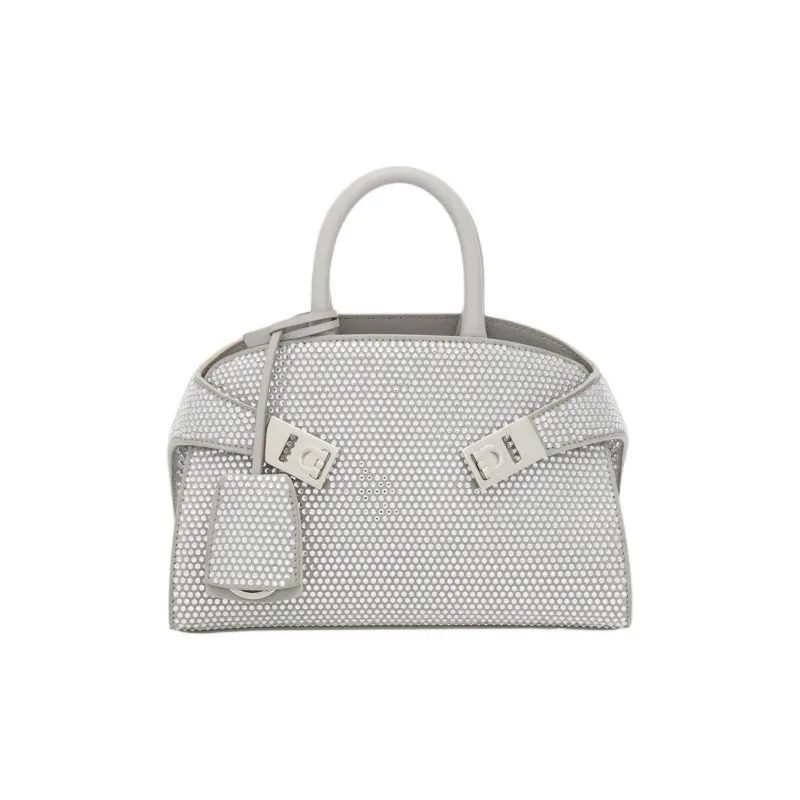 FERRAGAMO Crystal Embellished Calfskin Shoulder Bag, Crossbody Bag, Handbag Mini Women's Silver-0