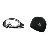 Black White Large Frame Swim Goggles+Swimming Cap
