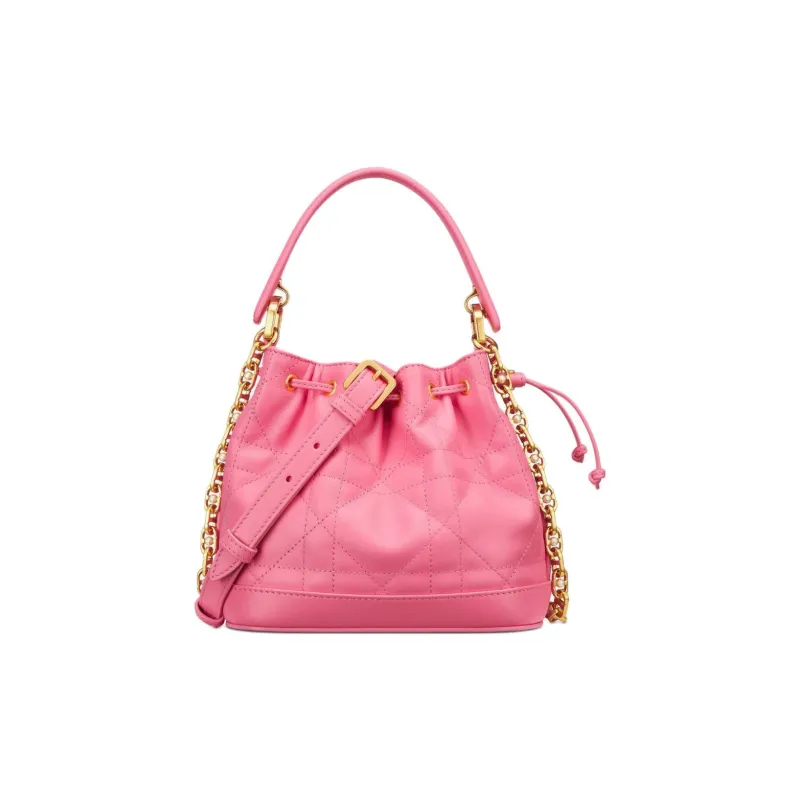 DIOR Extra Large Wicker Pattern Cow Leather Bucket Bag Handbag Shoulder Bag Small Size Women's Candy Pink-0