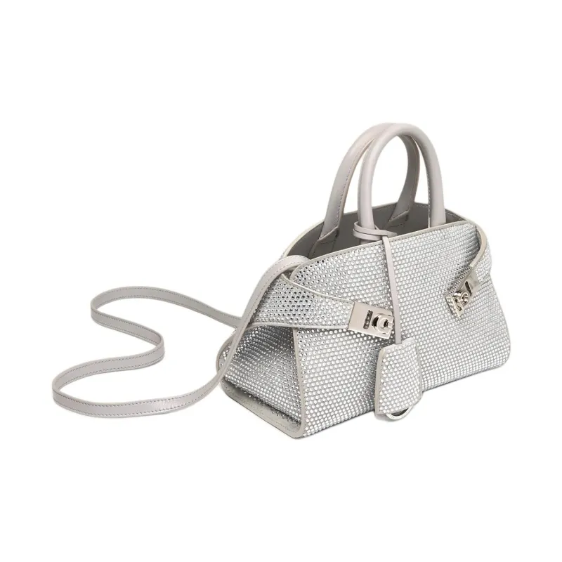 FERRAGAMO Crystal Embellished Calfskin Shoulder Bag, Crossbody Bag, Handbag Mini Women's Silver-1