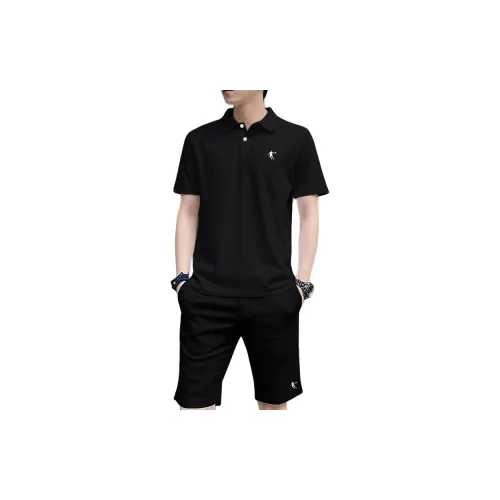 QIAODAN Casual Sportswear Men Sports Suit Black Short-sleeved Shirt + Black Shorts