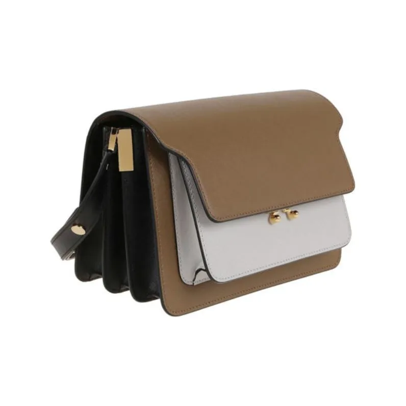 MARNI Trunk Cow Leather Trunk Bag, Shoulder Bag Women's Coffee White Multicolor-1