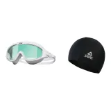 White/Mint Green Large Frame Swim Goggles+Swimming Cap