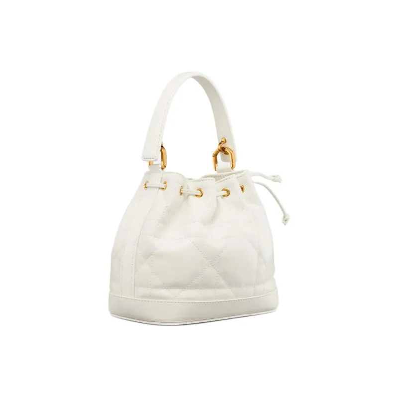 DIOR Wicker Pattern Calfskin Bucket Bags Shoulder Bag Crossbody Bag Handbag Small Size Women's White-2