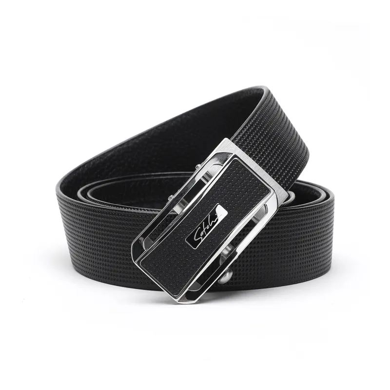 Satchi Sandu Belt Men's Automatic Buckle Fashion Casual Cow Leather Leather Belts Men's Black Width 3.4cm-0