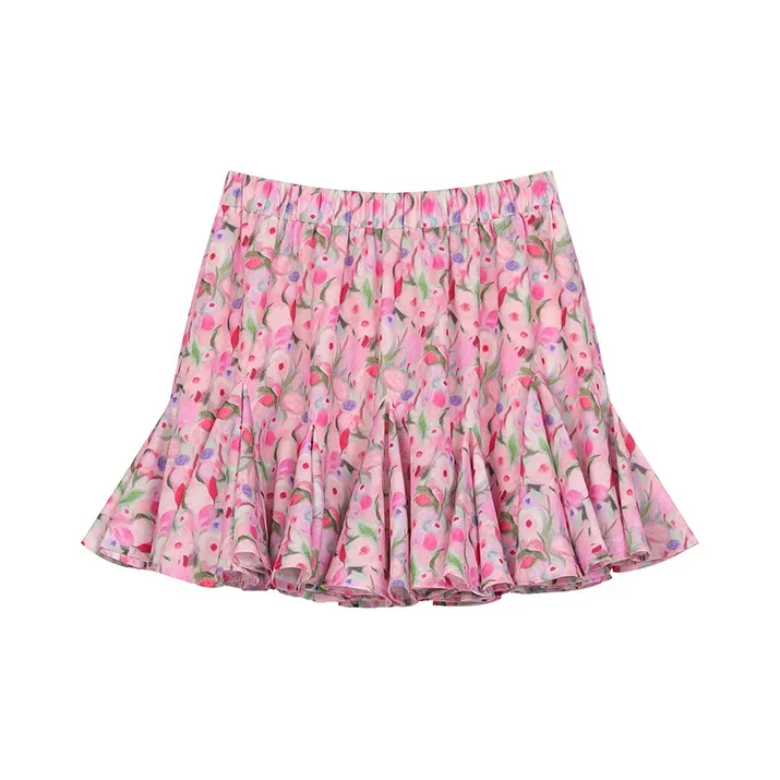 ELF SACK Casual Short Skirts Women's Oil Paintings Floral Pink-1