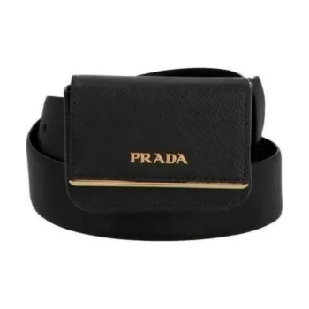 PRADA Letter Emblem Smooth Buckle Genuine Leather Metal Leather Belts Women's Black Width 3.5CM