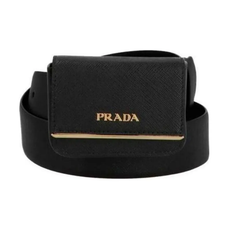 PRADA Letter Emblem Smooth Buckle Genuine Leather Metal Leather Belts Women's Black Width 3.5CM-0
