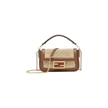 FENDI Baguette Leather Patchwork With Raffia Shoulder Bag Crossbody Bag Handbag Mini Women's Brown
