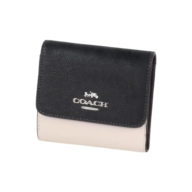 COACH Trifold Wallet Leather Card Holder Wallet Women's Black & White-2