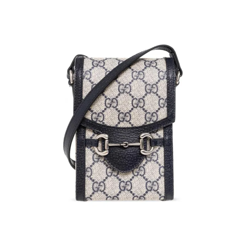 GUCCI Canvas With Leather Cell Phone Pouch, Cigarette Case, Bag, Shoulder Bag, Crossbody Bag Mini Unisex Blue & Beige-0
