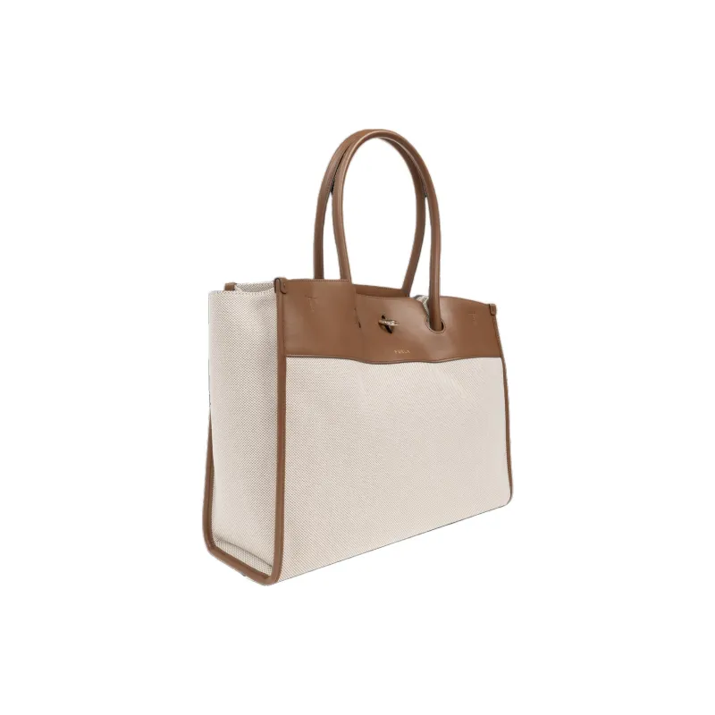 Furla Canvas With Leather Tote Bag Shopping Bag Handbag Extra Large Women's Cream & Brown-1