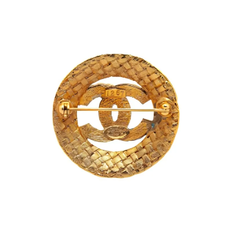 CHANEL 1980 1990 Plated Cc Round Woven Brooch Costume Brooch-1