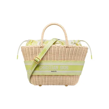 DIOR Toile De Jouy Jacquard Fabric Wicker Handbag Shoulder Bag Crossbody Bag Women's Natural Pitted Lemon