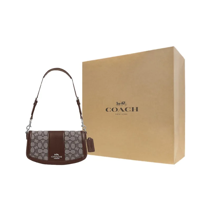 COACH Cow Leather Patchwork With Fabric Handbag Shoulder Bag Medium Size Women's Oak Mixed Maple Brown-0