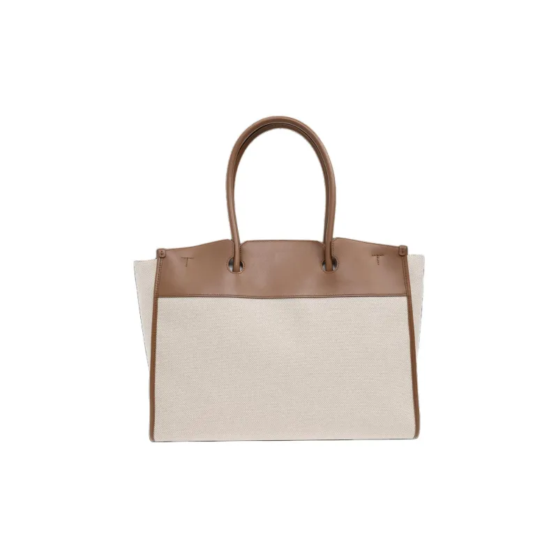 Furla Canvas With Leather Tote Bag Shopping Bag Handbag Extra Large Women's Cream & Brown-2