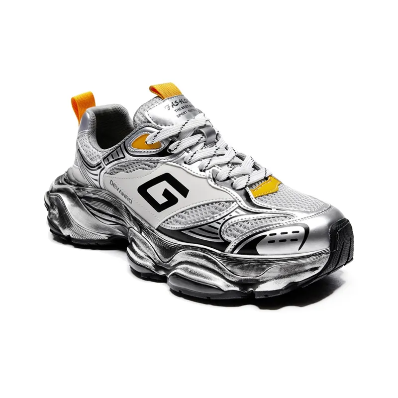 Devanro Slip Resistant Breathable Supportive Lightweight Height Increasing Low Top Chunky Sneakers Men's Silver White-3
