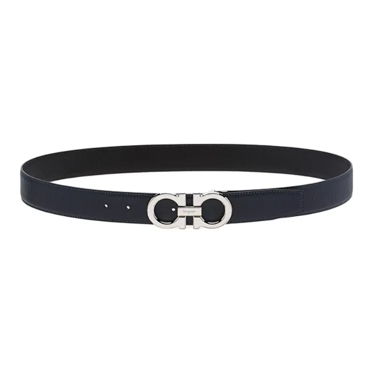 FERRAGAMO Badge Logo Plate Buckle Cow Leather Leather Belts Men's Dark Blue Width 3.5CM-1