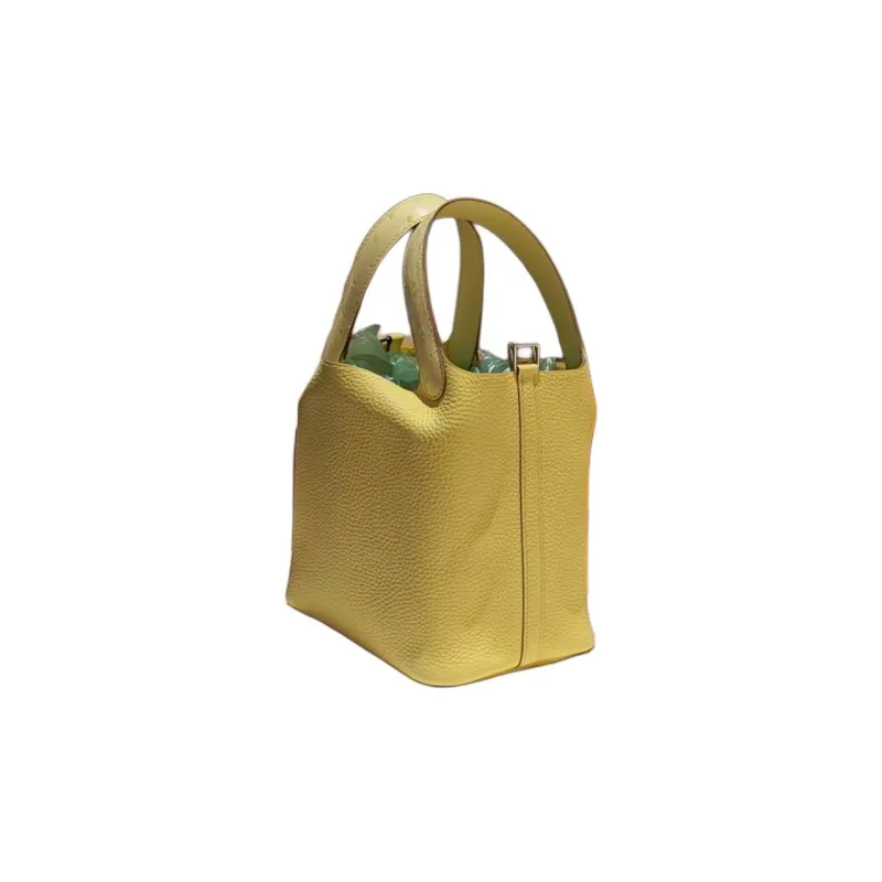 HERMES Picotin Lock Basket Bag In Prussian Blue Leather With Ostrich Leather Accents Handbag Women's Lemon Wine Yellow-1
