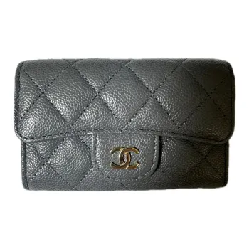 CHANEL Grain Embossed Calfskin Coin Purse, Wallet, Card Holder Women's Dark Gray