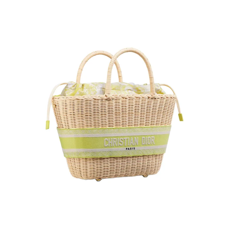 DIOR Toile De Jouy Jacquard Fabric Wicker Handbag Shoulder Bag Crossbody Bag Women's Natural Pitted Lemon-1