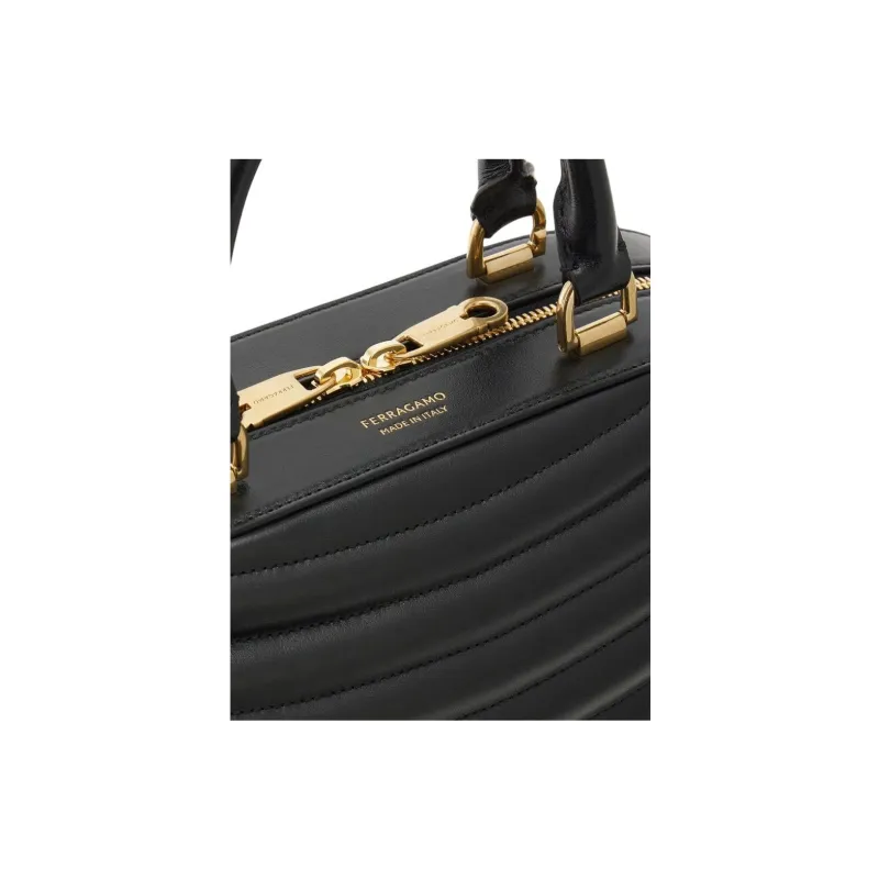 FERRAGAMO Quilting Calfskin Bowling Bag Handbag Small Size Women's Black-7