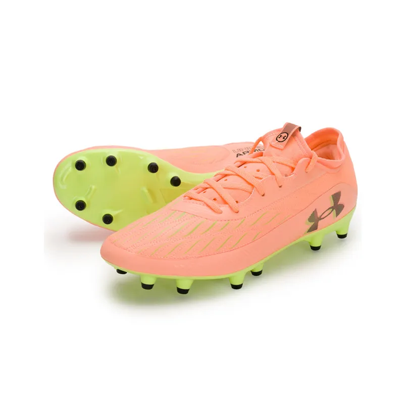 Under Armour FG Rubber Long Studs Anti Slip Wear Resistant Soccer Shoes Unisex Pink Green-2