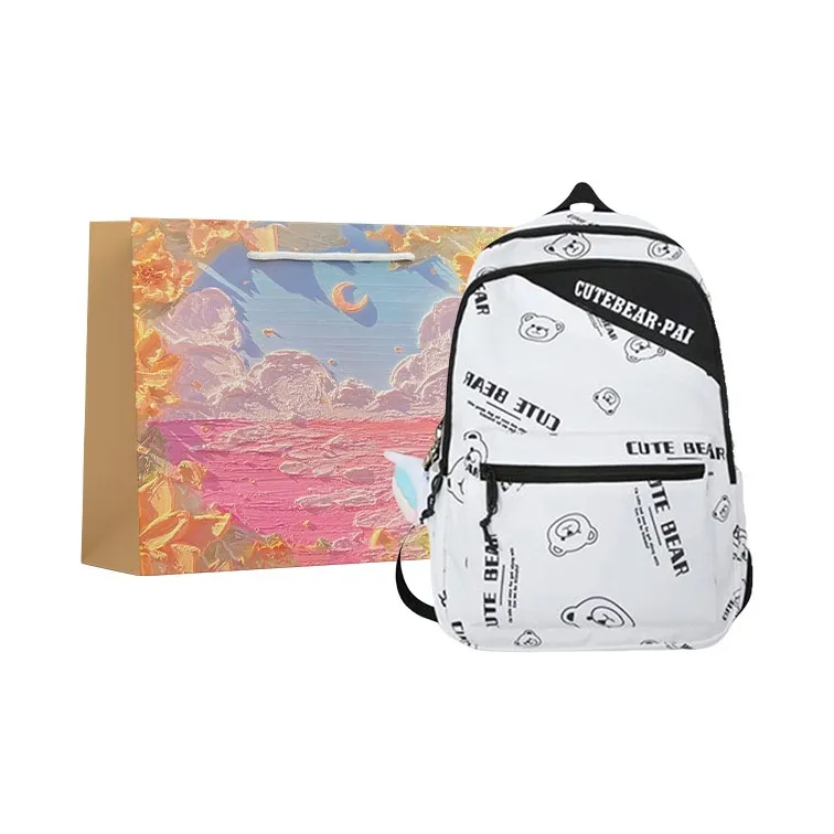 BRINCH Nylon Backpack Unisex Black/White/Orange-3