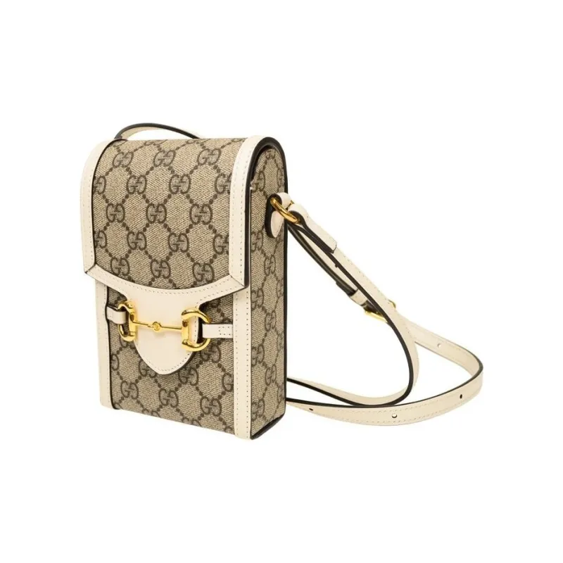 GUCCI Horsebit 1955 Logo Canvas Mini Phone Bag Box Shoulder Bag Beige-1