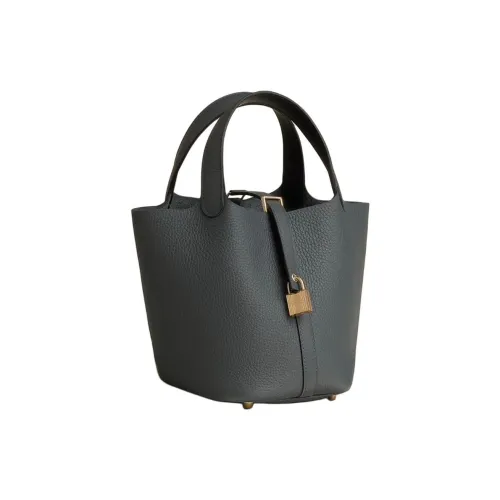 HERMES Picotin Lock Clemence Bullock Leather Swift Calfskin Basket Bag Handbag Women's Gray & Black