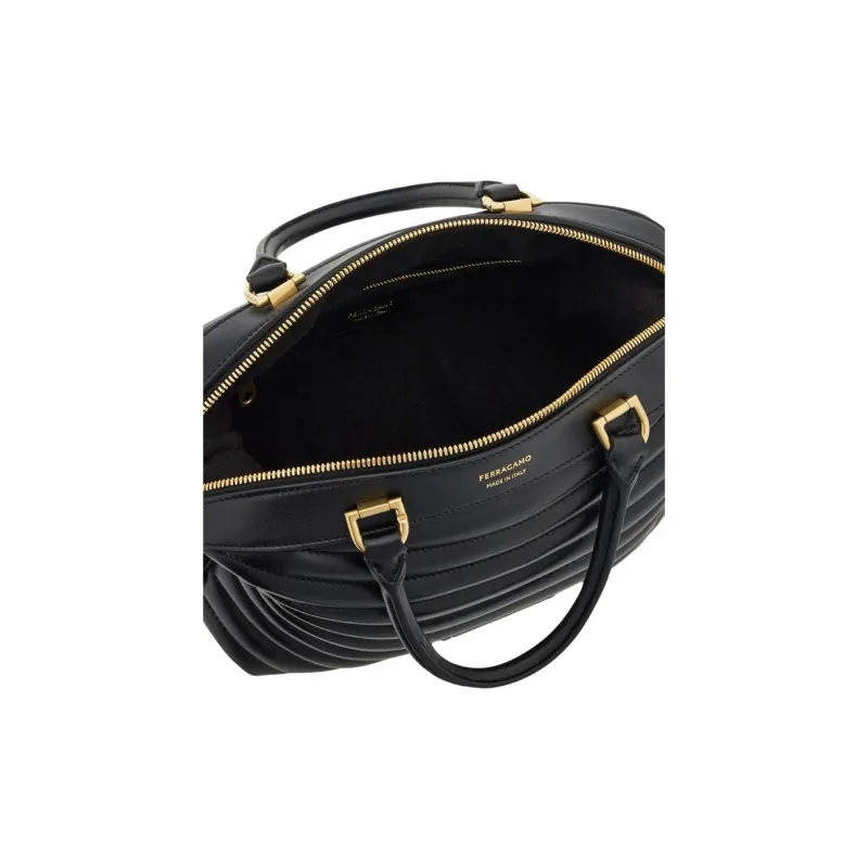 FERRAGAMO Quilting Calfskin Bowling Bag Handbag Small Size Women's Black-5