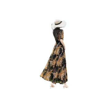 Cypress House Short-Sleeved Dresses Women's Black Background With Yellow Flowers