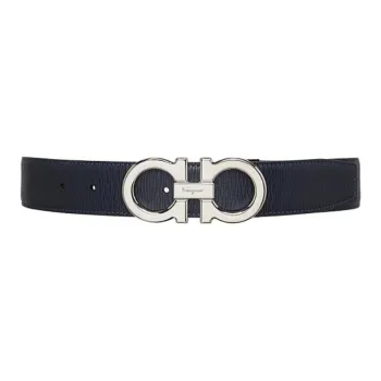 FERRAGAMO Badge Logo Plate Buckle Cow Leather Leather Belts Men's Dark Blue Width 3.5CM