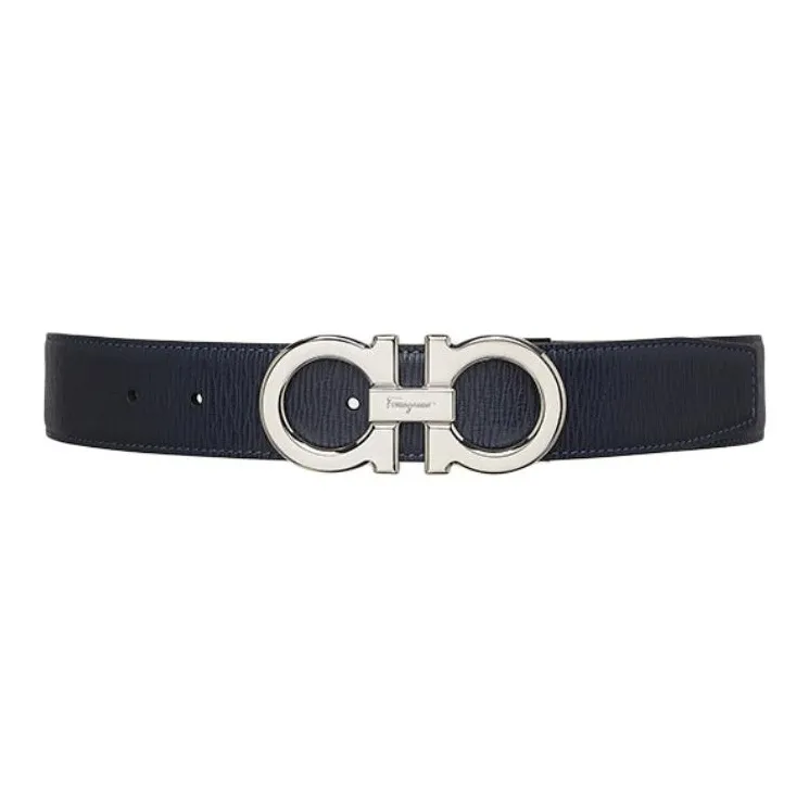 FERRAGAMO Badge Logo Plate Buckle Cow Leather Leather Belts Men's Dark Blue Width 3.5CM-0