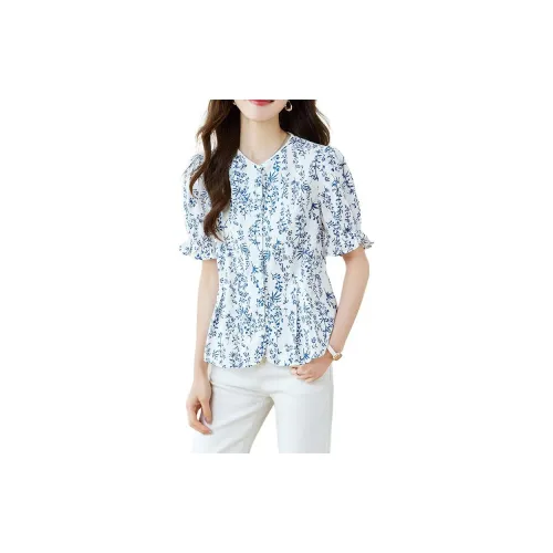 WELKIN&WZWJ Shirts Women's Blue And White Porcelain