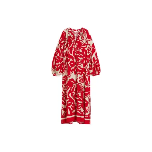 H&M Long-Sleeved Dresses Women's Bright Red Floral