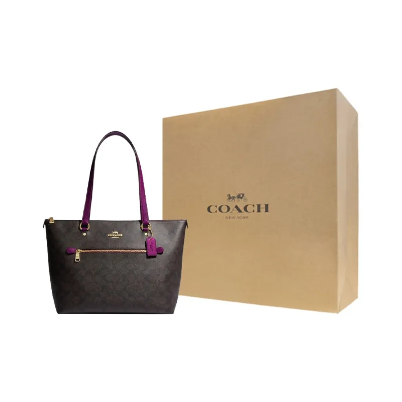 COACH Gallery Coated Canvas With Leather Tote Bag Shopping Bag Handbag Shoulder Bag Large Size Women's Brown & Dark Red-5