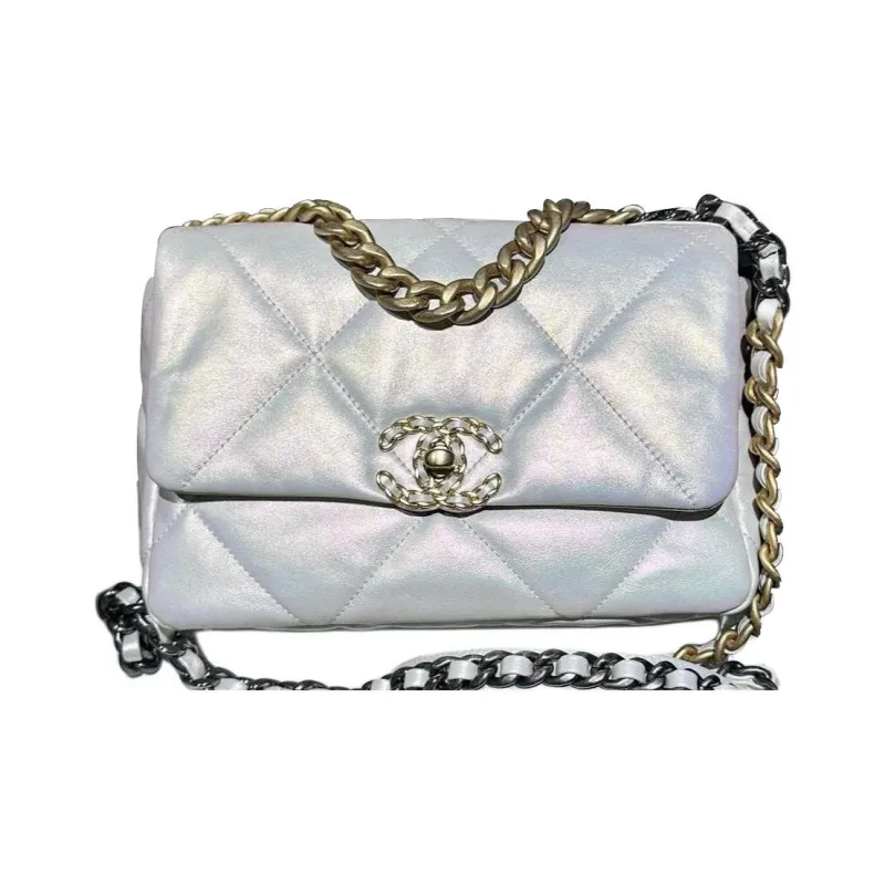 CHANEL 19Bag Calfskin Shoulder Bag Crossbody Bag Small Size Women's White Iridescent Pearl Mermaid Color-0