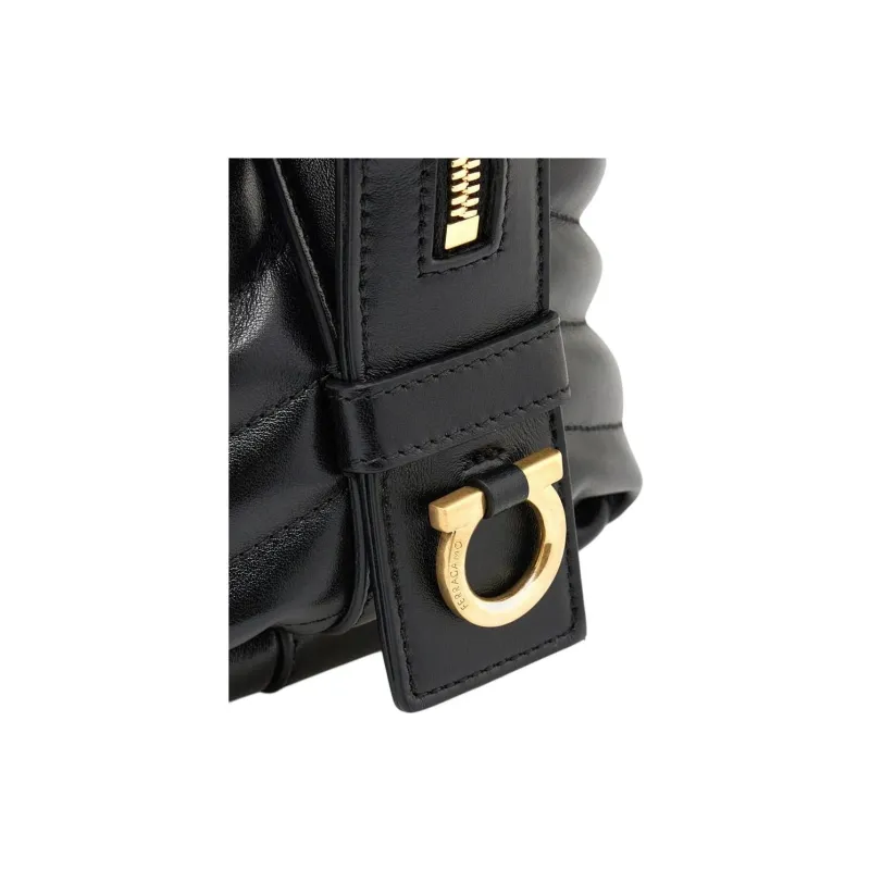 FERRAGAMO Quilting Calfskin Bowling Bag Handbag Small Size Women's Black-6