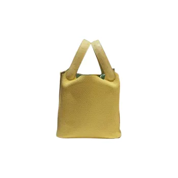 HERMES Picotin Lock Basket Bag In Prussian Blue Leather With Ostrich Leather Accents Handbag Women's Lemon Wine Yellow