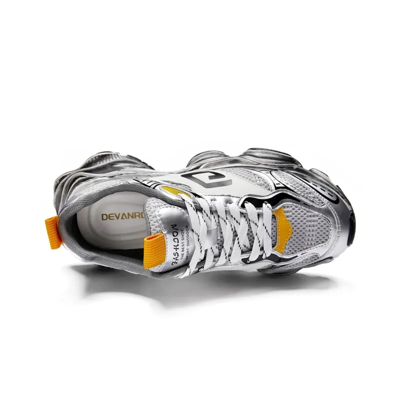 Devanro Slip Resistant Breathable Supportive Lightweight Height Increasing Low Top Chunky Sneakers Men's Silver White-5