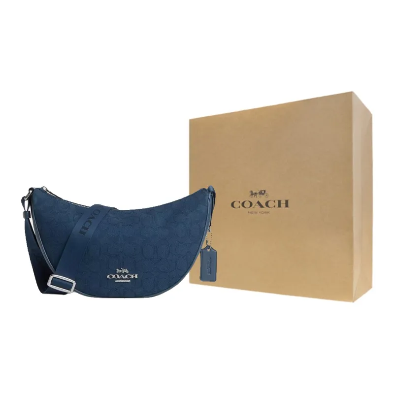 COACH Iconic Jacquard With Refined Calfskin Crossbody Bag, Shoulder Bag Tubas Women's Dark Color Denim Blue-5
