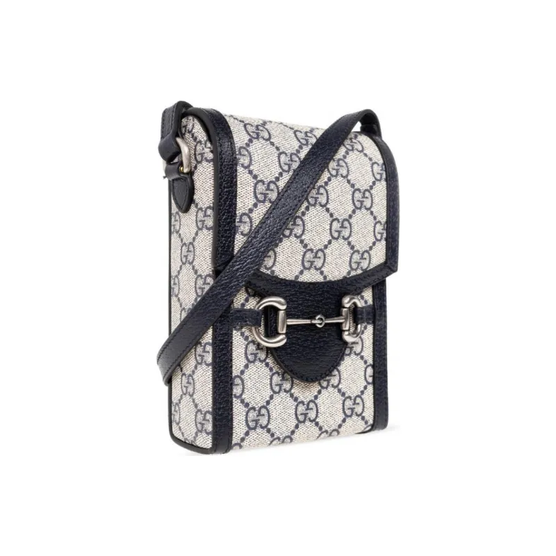 GUCCI Canvas With Leather Cell Phone Pouch, Cigarette Case, Bag, Shoulder Bag, Crossbody Bag Mini Unisex Blue & Beige-1
